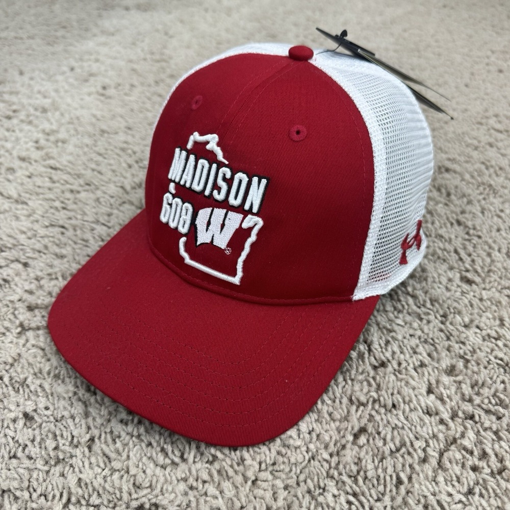 Wisconsin Badgers Hat Under Armour Adjustable 608 Area Code Red‎ White Mesh Cap